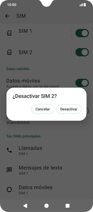 Si desactivas el uso de la línea móvil (SIM), debes pulsar Desactivar.