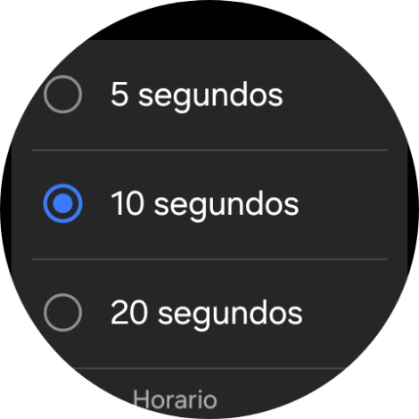Pulsa el ajuste deseado para seleccionar cuánto debe durar la cuenta atrás hasta que el smartwatch llame a la central de alarma en caso de registrar una caída grave.