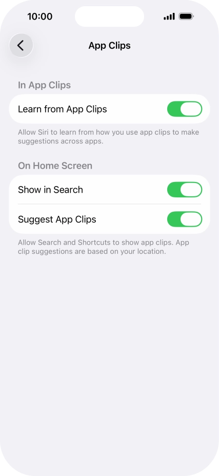 Press the indicators next to the required settings to turn them on or off.