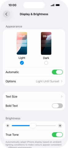 If you turn on the function, press Options and follow the instructions on the screen to select the required period of time for Dark Mode.