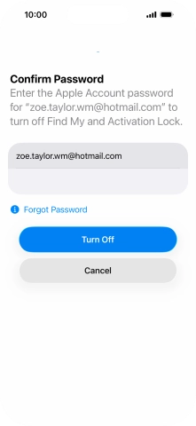 Key in the password for your Apple Account and press Turn Off. Wait a moment while the factory default settings are restored. Follow the instructions on the screen to set up your phone and prepare it for use.