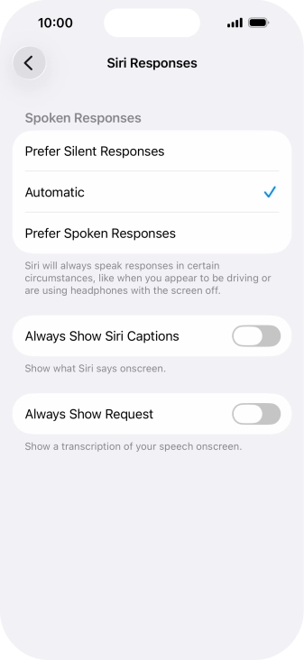 Press the required setting.