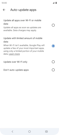 To turn on automatic update of apps using mobile network, press Update all apps over Wi-Fi or mobile data.