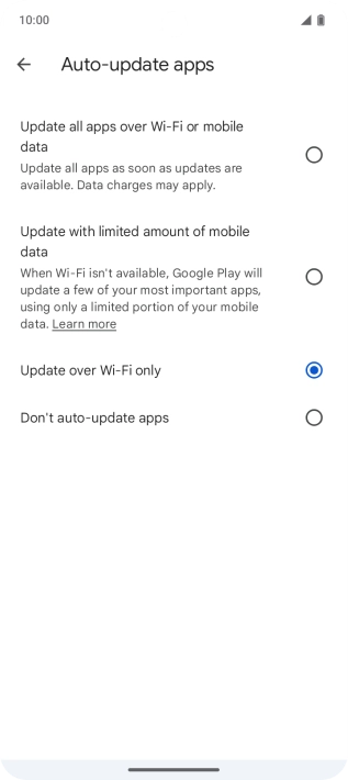 To turn on automatic update of apps using mobile network, press Update all apps over Wi-Fi or mobile data.