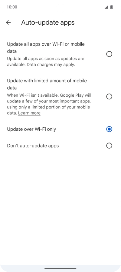 To turn on automatic update of apps using mobile network, press Update all apps over Wi-Fi or mobile data.
