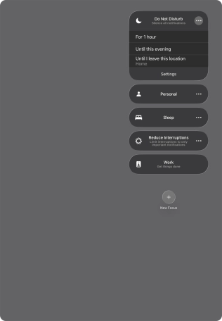 Press the required setting to activate the selected focus mode for a specified period of time or until you leave your current location.
