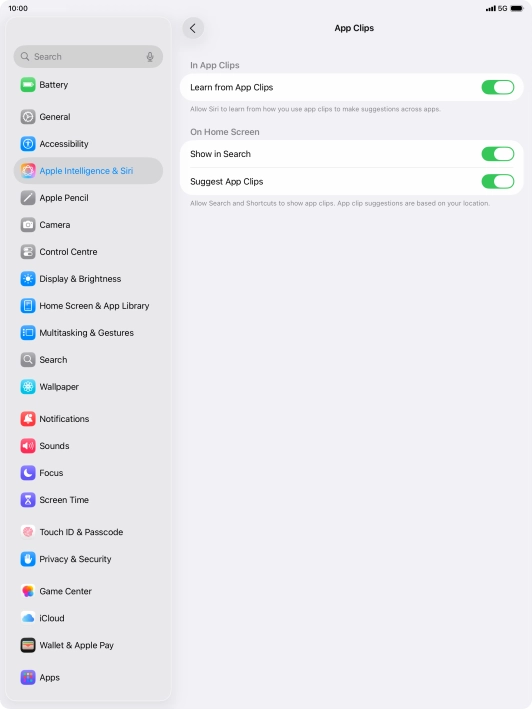 Press the indicators next to the required settings to turn them on or off.