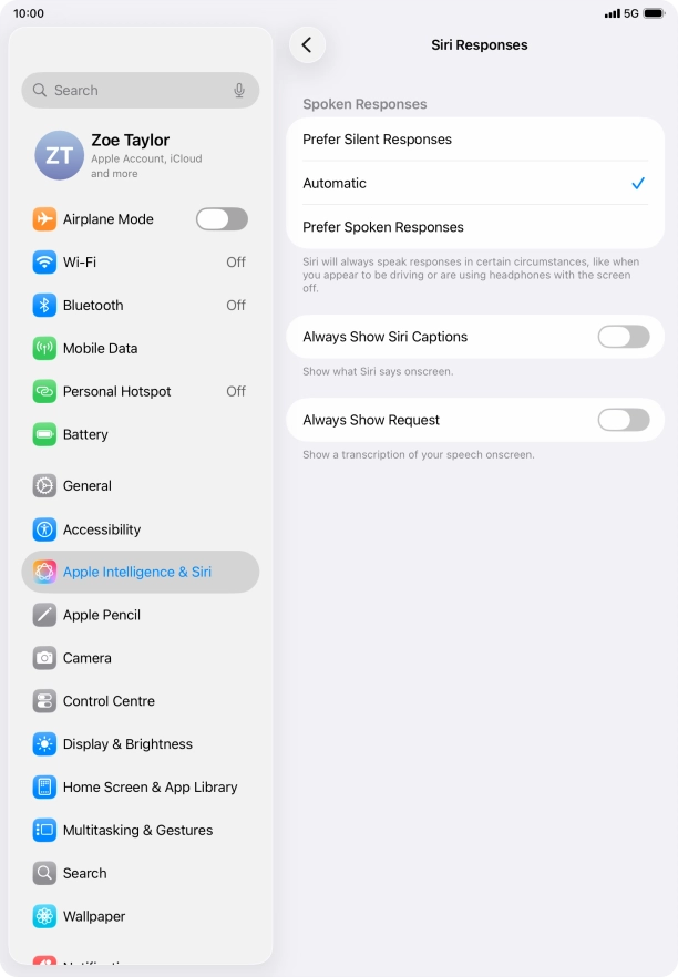 Press the required setting.