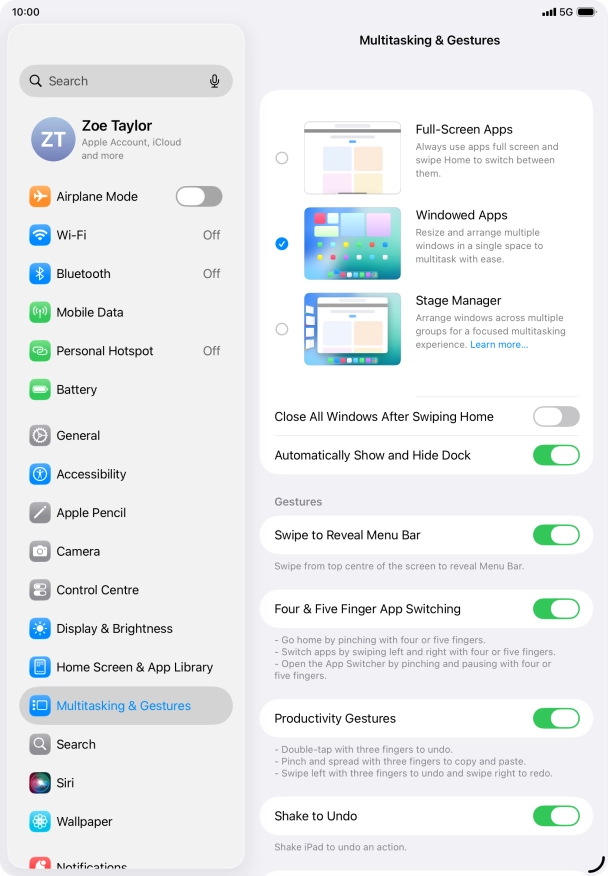 Press the indicators next to the required settings to turn them on or off.