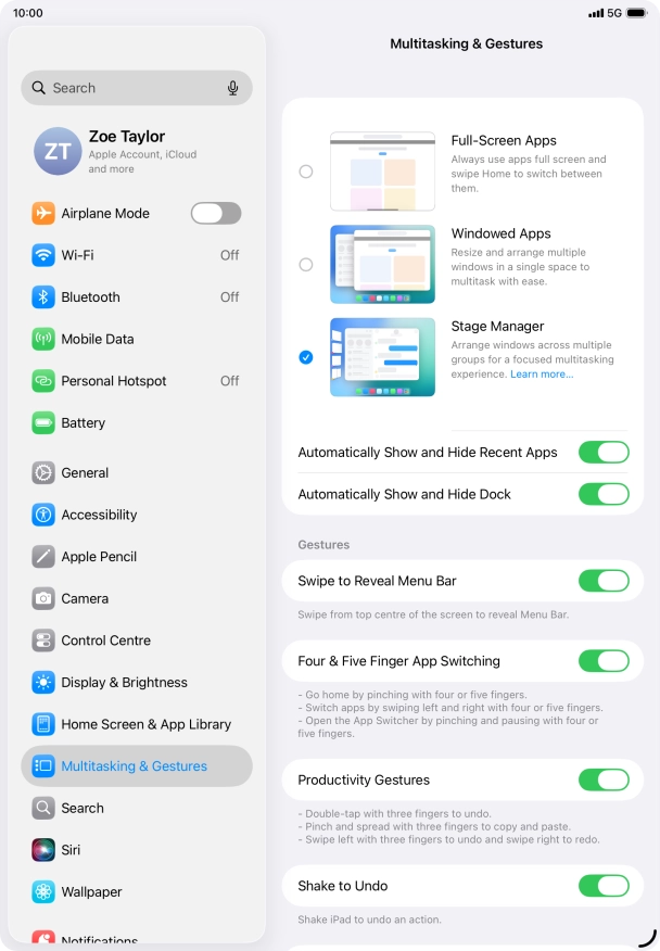 Press the indicators next to the required settings to turn them on or off.