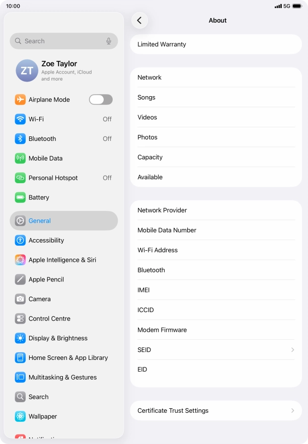 Your tablet's EID number is displayed below EID.