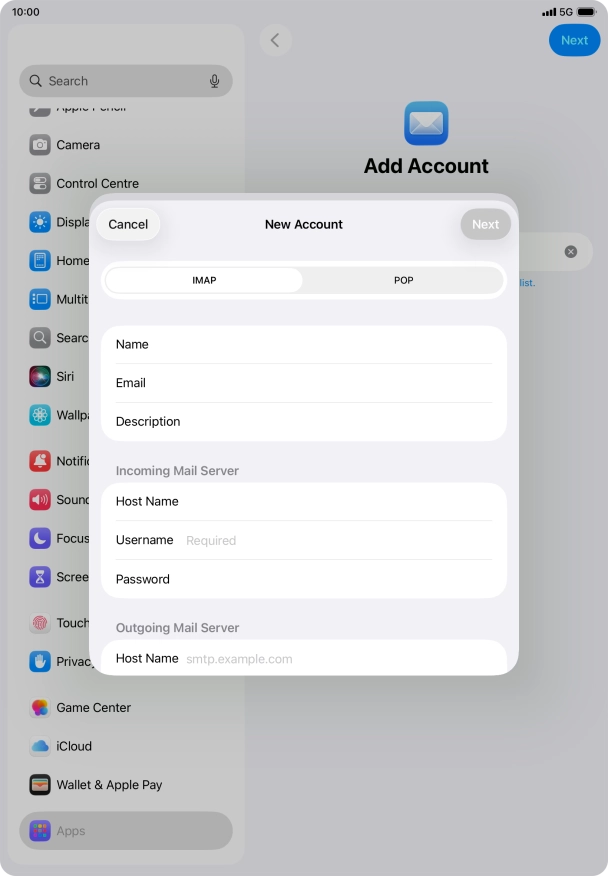 Press Username and key in the username for your email account.