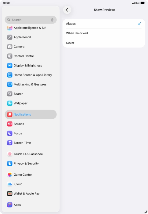 To select notification preview on the lock screen, press Always.
