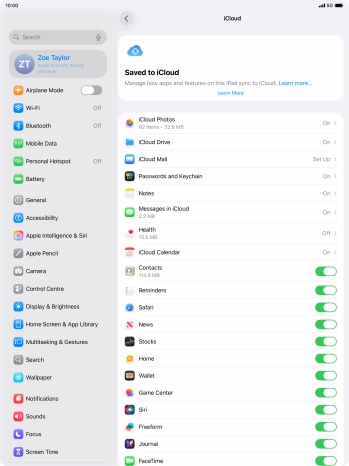 Press the indicators next to the required data types to turn synchronisation of each data type on or off.
