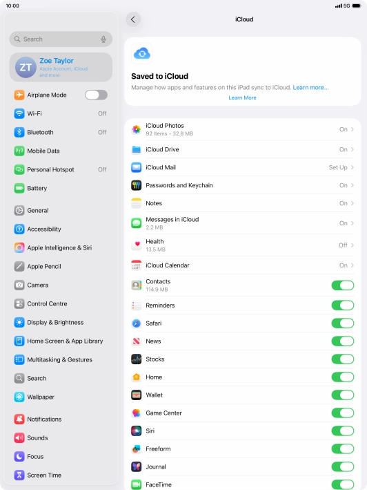 Press the indicators next to the required data types to turn synchronisation of each data type on or off.