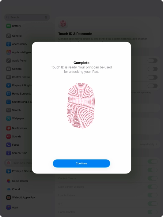 Press Continue. If you haven't previously selected a lock code, key in a code of your own choice twice.