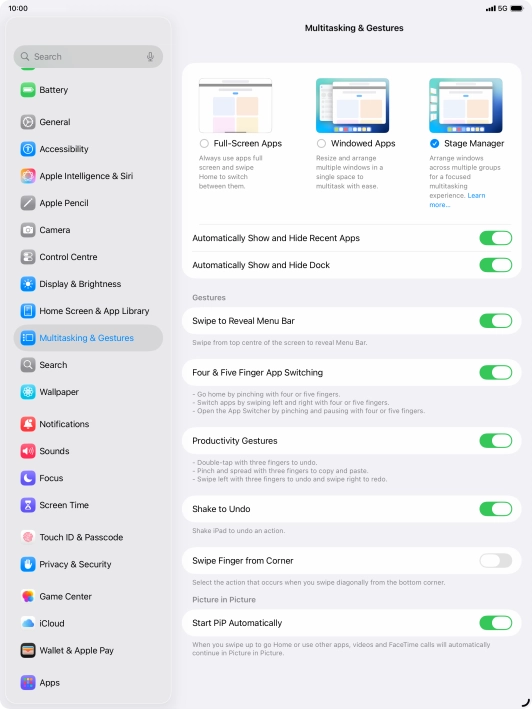 Press the indicators next to the required settings to turn them on or off.