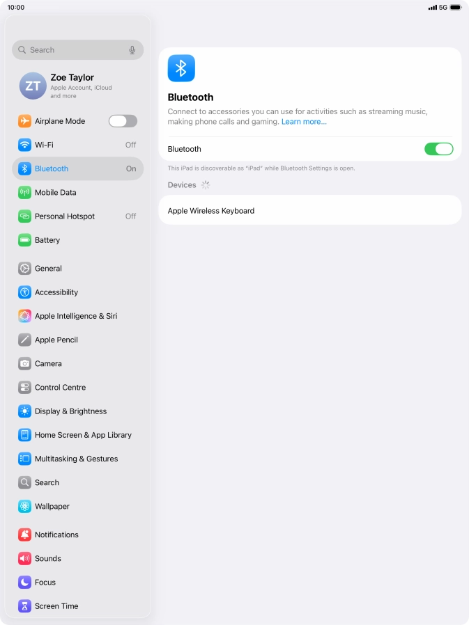 Press the required Bluetooth device and follow the instructions on the screen to pair the device with your tablet.