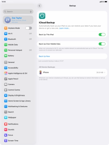 Press Back Up Now and wait while the tablet memory is backed up.