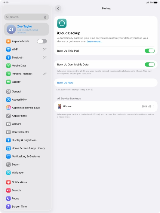 Press Back Up Now and wait while the tablet memory is backed up.
