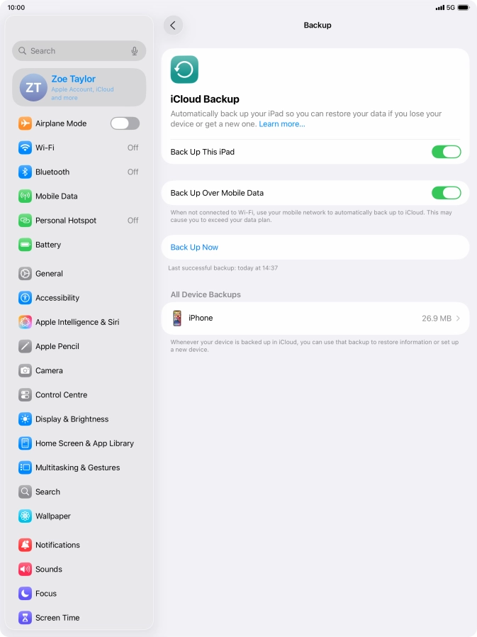 Press Back Up Now and wait while the tablet memory is backed up.