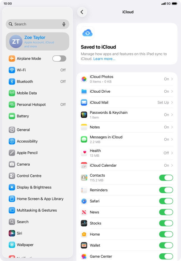 Press the indicators next to the required data types to turn synchronisation of each data type on or off.