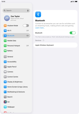 Press the required Bluetooth device and follow the instructions on the screen to pair the device with your tablet.
