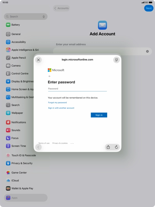 Press Password and key in the password for your email account.