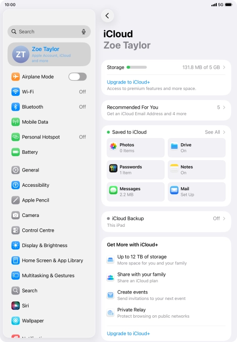 Press iCloud Backup.