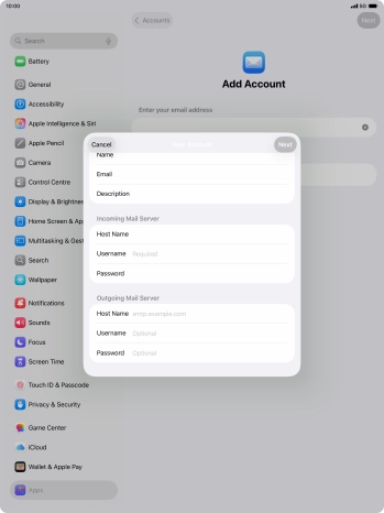 Press Username and key in the username for your email account.
