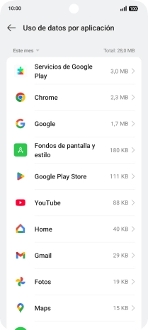 El consumo de datos por cada aplicación aparece bajo el nombre de la aplicación.