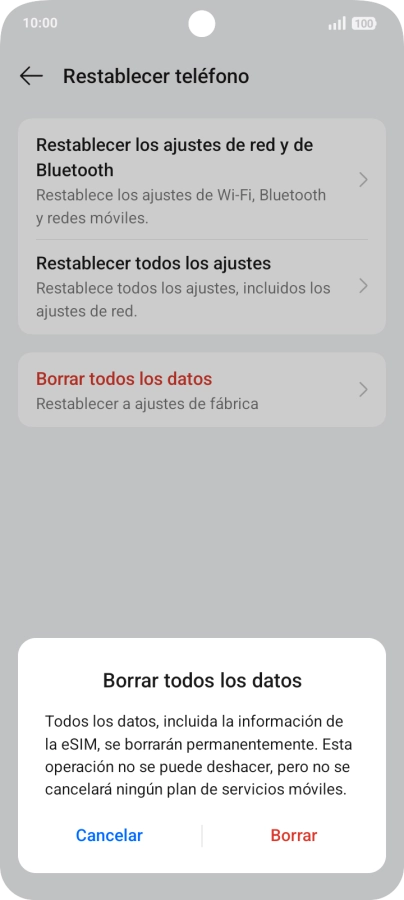 Pulsa Borrar. Espera unos instantes mientras el teléfono restablece la configuración predeterminada. Sigue las indicaciones de la pantalla para configurar el teléfono y dejarlo listo para su uso.