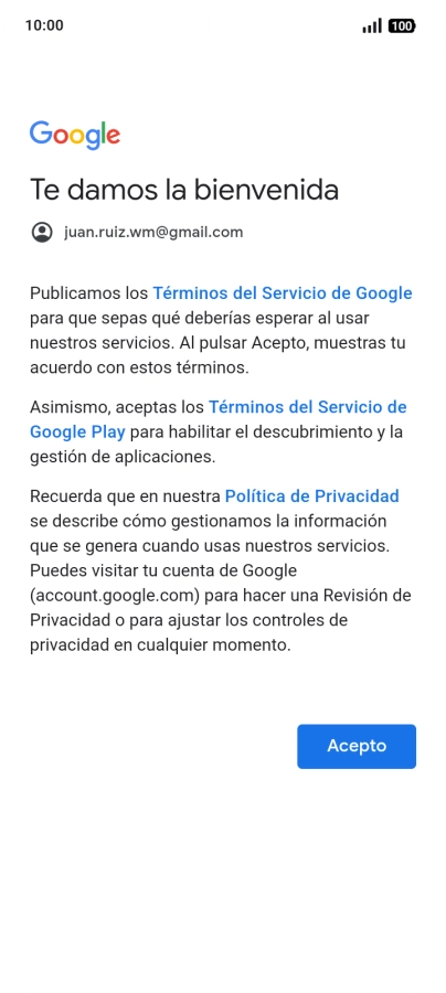 Pulsa Acepto y sigue las indicaciones de la pantalla para seleccionar los ajustes de tu cuenta de Google.