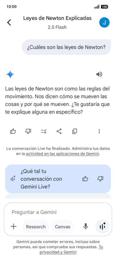 La transcripción de la conversación con Gemini Live aparece ahora en la pantalla.