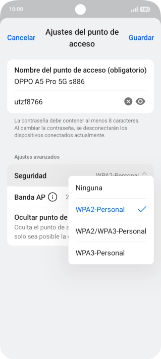 Pulsa WPA3-Personal para proteger la conexión wifi con una contraseña.