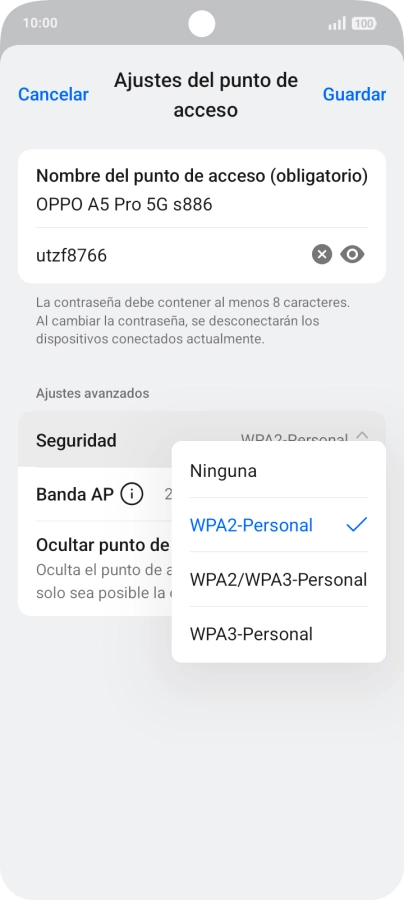 Pulsa WPA3-Personal para proteger la conexión wifi con una contraseña.
