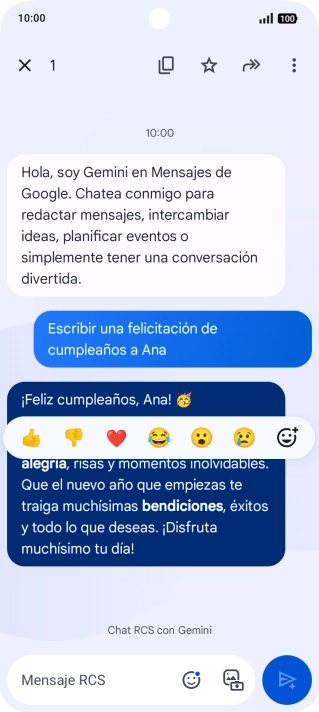 Pulsa la propuesta de texto de Gemini durante unos instantes. Sigue las indicaciones de la pantalla para utilizar el texto propuesto.
