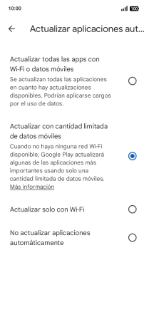 Para activar la actualización automática de apps utilizando la red móvil, pulsa Actualizar todas las apps con Wi-Fi o datos móviles.