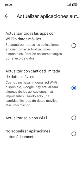 Para activar la actualización automática de apps utilizando la red móvil, pulsa Actualizar todas las apps con Wi-Fi o datos móviles.