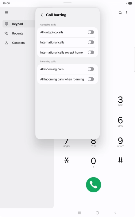 Press the indicator next to the required barring type to turn the function on or off.