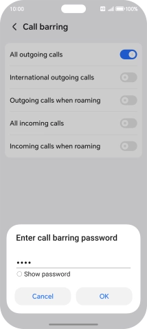 Key in your barring password and press OK. The default barring password is 1919.