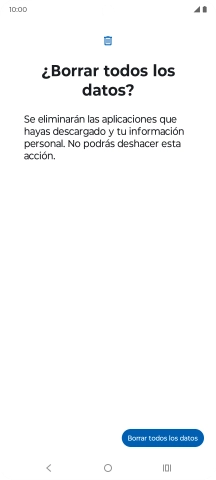 Pulsa Borrar todos los datos. Espera unos instantes mientras el teléfono restablece la configuración predeterminada. Sigue las indicaciones de la pantalla para configurar el teléfono y dejarlo listo para su uso.