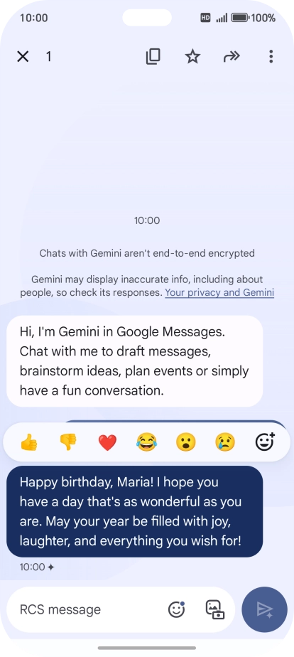 Press and hold the text suggestion from Gemini. Follow the instructions on the screen to use the text suggestion.