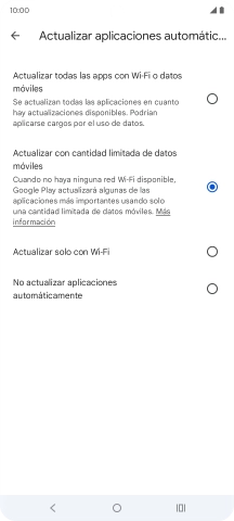 Para activar la actualización automática de apps utilizando la red móvil, pulsa Actualizar todas las apps con Wi-Fi o datos móviles.