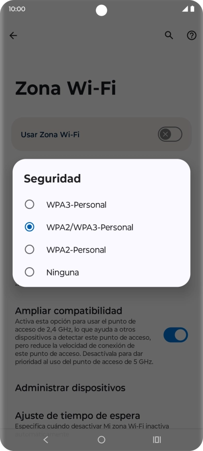 Pulsa WPA3-Personal para proteger la conexión wifi con una contraseña.