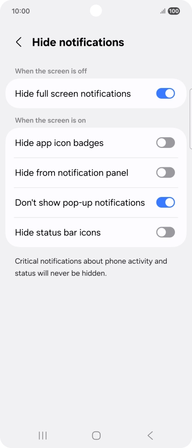 Press the indicators next to the required settings to turn display of the selected notification types on or off.