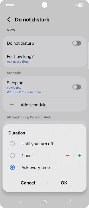 Press the required setting.