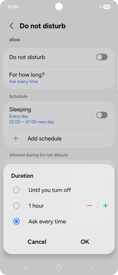 Press the required setting.