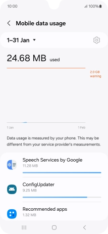 The data usage for each application is displayed below the name of the application.
