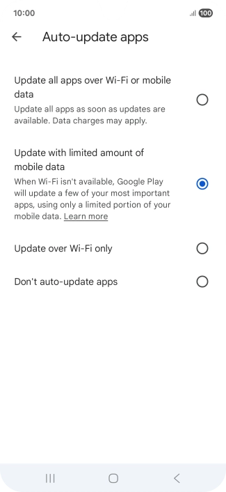 To turn on automatic update of apps using mobile network, press Update all apps over Wi-Fi or mobile data.